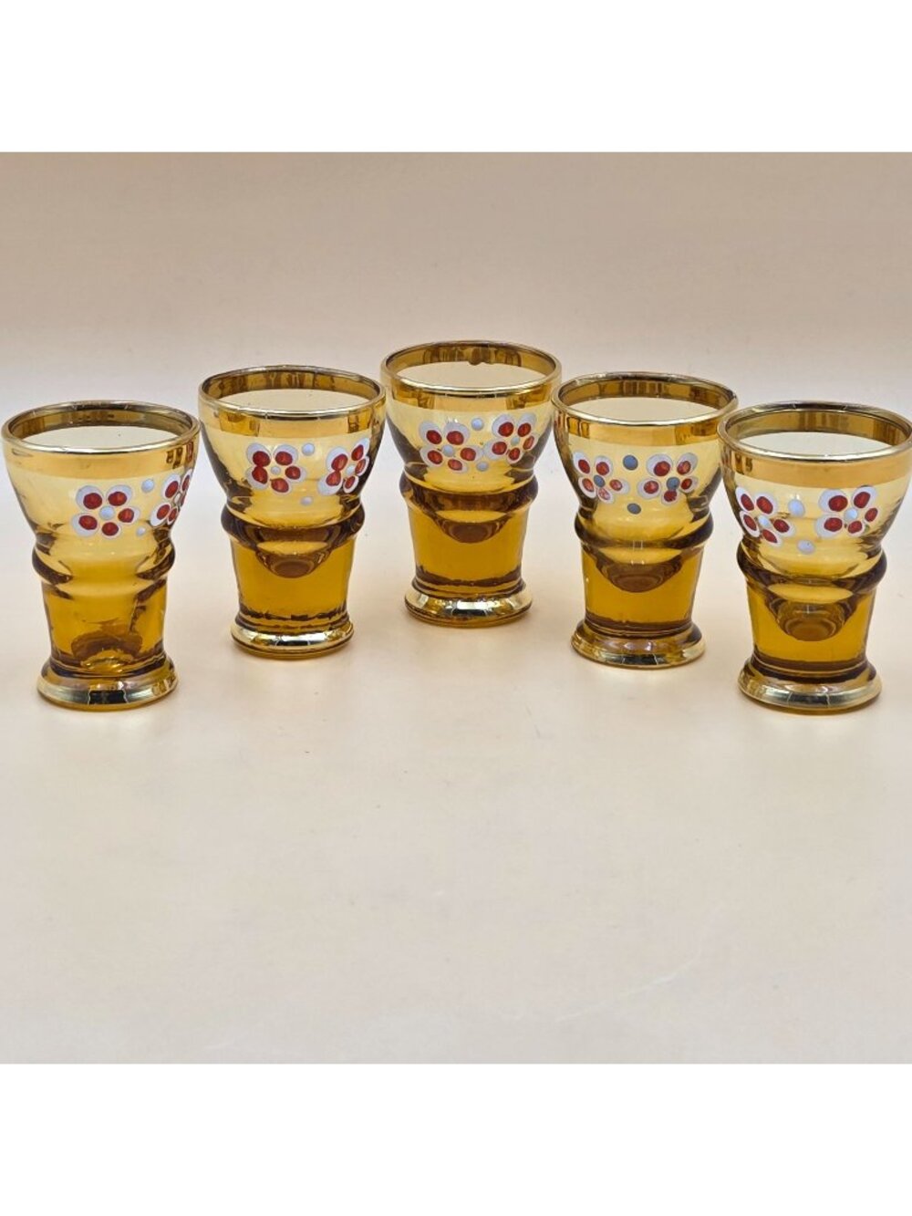 Venetian Murano Style Amber Art Glass Shot Glasses Hand Painted Set of 5